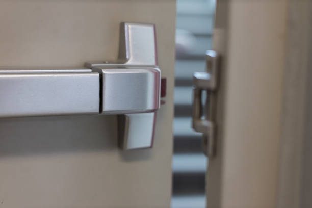 istockphoto-1265299962-612x612 Emergency fire exit door. Closed up latch and rusty door handle of emergency exit. Push bar and rail for panic exit. Open one way door. steel of handle for the white door fire exit